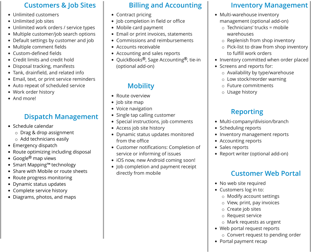 Customers & Job Sites •	Unlimited customers •	Unlimited job sites •	Unlimited work orders / service types •	Multiple customer/job search options •	Default settings by customer and job •	Multiple comment fields •	Custom-defined fields •	Credit limits and credit hold •	Disposal tracking, manifests •	Tank, drainfield, and related info •	Email, text, or print service reminders •	Auto repeat of scheduled service •	Work order history •	And more!  Dispatch Management •	Schedule calendar o	Drag & drop assignment o	Add technicians easily •	Emergency dispatch •	Route optimizing including disposal •	Google map views •	Smart Mapping technology •	Share with Mobile or route sheets •	Route progress monitoring •	Dynamic status updates •	Complete service history •	Diagrams, photos, and maps     Billing and Accounting •	Contract pricing •	Job completion in field or office •	Mobile card payment •	Email or print invoices, statements •	Commissions and reimbursements •	Accounts receivable •	Accounting and sales reports •	QuickBooks, Sage Accounting, tie-in (optional add-on)  Mobility •	Route overview •	Job site map •	Voice navigation •	Single tap calling customer •	Special instructions, job comments •	Access job site history •	Dynamic status updates monitored from the office •	Customer notifications: Completion of service or informing of issues •	iOS now, new Android coming soon! •	Job completion and payment receipt directly from mobile   Inventory Management •	Multi-warehouse inventory management (optional add-on) o	Technicians’ trucks = mobile warehouses o	Replenish from shop inventory o	Pick-list to draw from shop inventory to fulfill work orders •	Inventory committed when order placed •	Screens and reports for: o	Availability by type/warehouse o	Low stock/reorder warning o	Future commitments o	Usage history  Reporting •	Multi-company/division/branch •	Scheduling reports •	Inventory management reports •	Accounting reports •	Sales reports •	Report writer (optional add-on) Customer Web Portal •	No web site required •	Customers log in to: o	Modify account settings o	View, print, pay invoices o	Create job sites o	Request service o	Mark requests as urgent •	Web portal request reports o	Convert request to pending order •	Portal payment recap